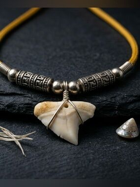 Artisan Cream and Silver Shark Tooth Necklace with Yellow Cord